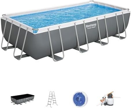 Bestway Power Steel 18 x 9 x 48 Rectangular Metal Frame Above Ground Outdoor Swimming Pool Set with 1,500 GPH Filter Pump, Ladder, and Pool Cover - Image 1