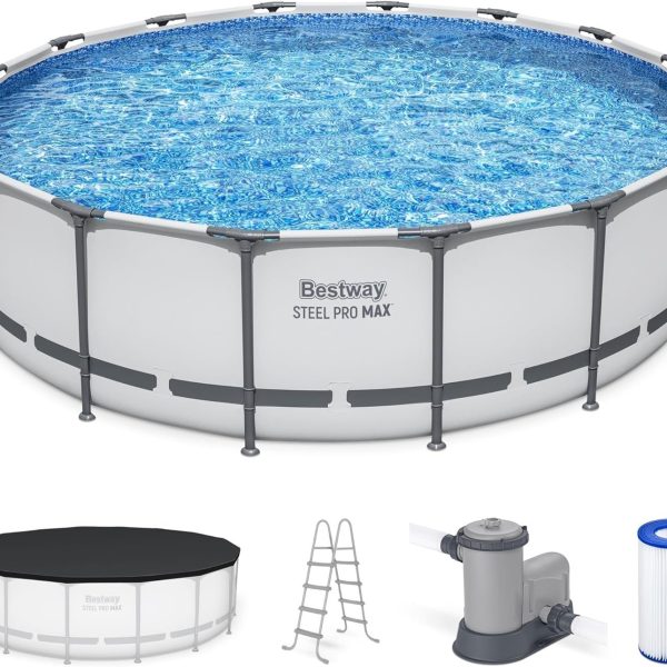 Bestway Steel Pro MAX 16 Foot x 48 Inch Round Metal Frame Above Ground Outdoor Swimming Pool Set - Image 1