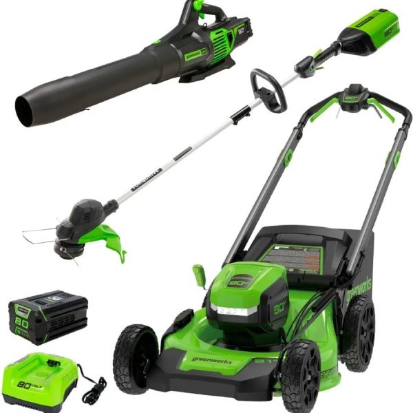 Greenworks 80V 21” Lawn Mower, 13” String Trimmer, and 730 Leaf Blower - Image 1